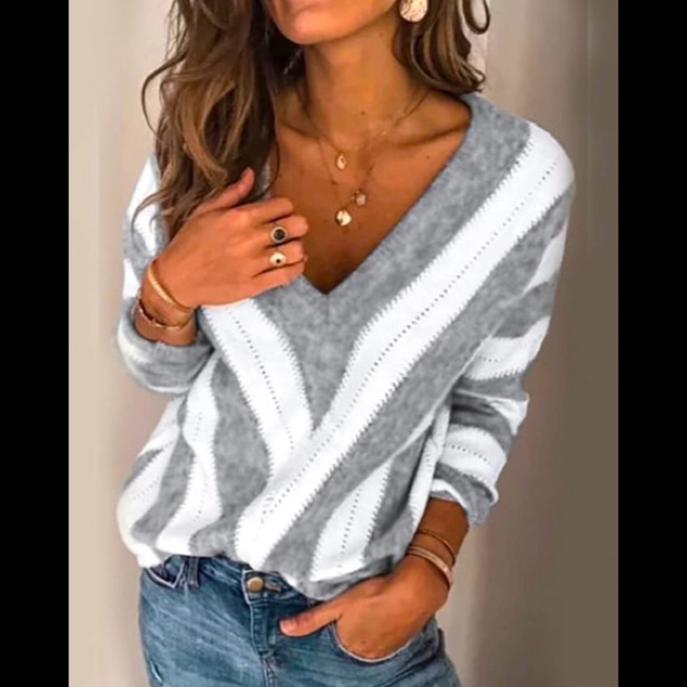 Beautiful Deep V Neck Striped Patchwork Grey/White Long Sleeve Soft Sexy Sweater
